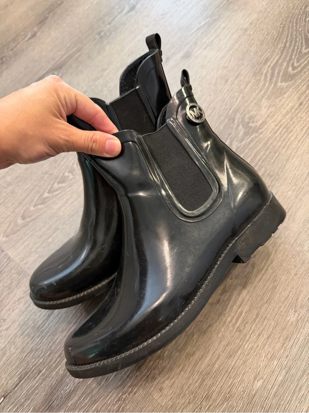 Michael Kors Black Glossy Chelsea-Style Rain Ankle Boots